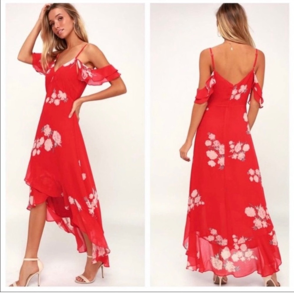 Lulus red floral ruffle spaghetti strap off shoulder Love In Bloom maxi dress